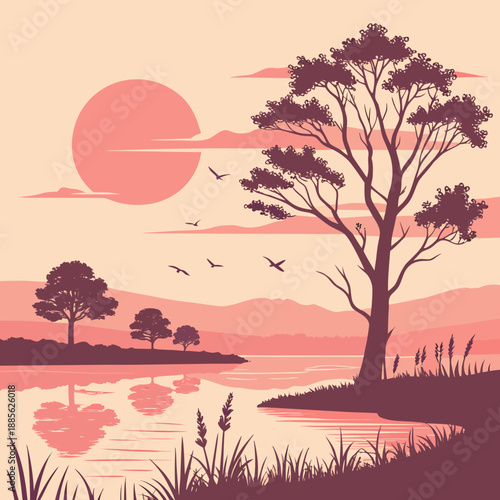 Sunrise lake reflection landscape, ultra clean flat vector style with soft gradients and calm water