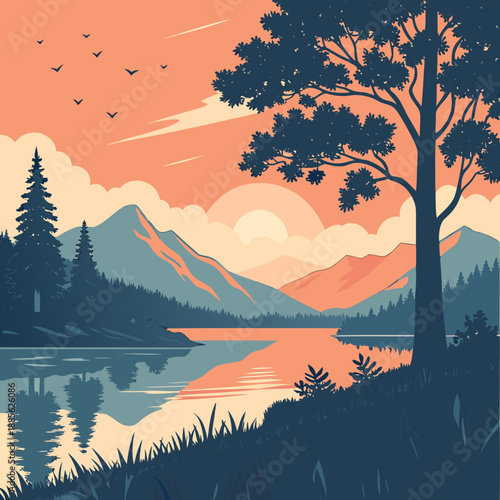 Sunrise over lake reflection, ultra clean vector art with smooth gradients and tranquil water surface