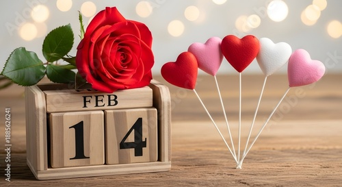 A wooden calendar displaying February 14th with a red rose and heart-shaped balloons on a wooden table