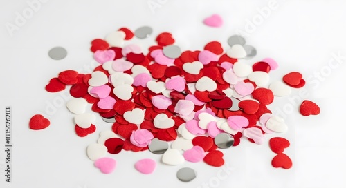 A colorful heap of heart-shaped confetti scattered on a plain surface viewed from directly above