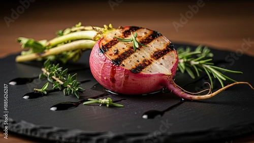 Grilled salmon steak with herbs on slate board gourmet food