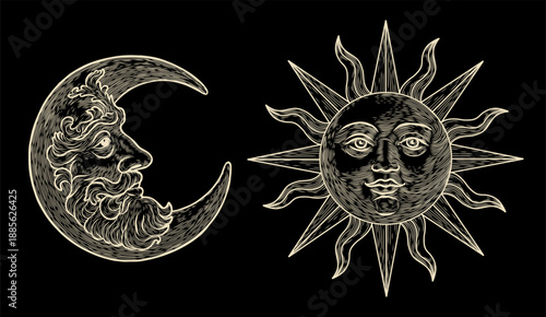 Vector illustration set of moon phases. Different stages of moonlight activity in vintage engraving style. Zodiac Signs	