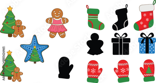 Christmas holiday icons set with gingerbread cookies, stockings, mittens, gift boxes, ornaments, and festive decorations in colorful flat cartoon style