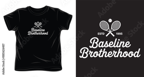 Vintage tennis brotherhood tshirt design with crossed rackets and ball graphic on black background