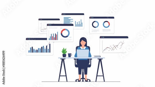 Woman analyzing business data on laptop, surrounded by multiple screens displaying charts, graphs, and reports for strategic insights and data-driven decisions.