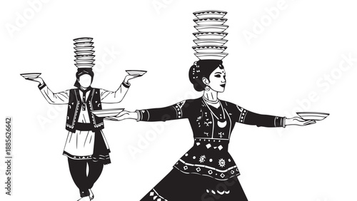 Traditional dancers balancing stacked pots on heads during cultural performance.