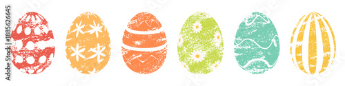 Set of Easter eggs with chalk texture and decorative patterns. Crayon vector illustration for posters, packaging, greeting cards, prints and seasonal designs.
