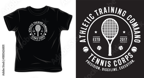 Vintage athletic training command tennis corps tshirt design with tennis racket and balls emblem
