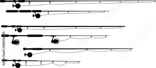 Fishing rod and reel silhouettes set, sport angling equipment collection for freshwater saltwater fishing, black tackle icons isolated on white background