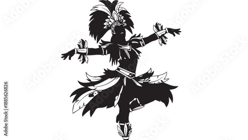 Silhouette of a dynamic dancer in a flowing traditional skirt performing a flamenco pose on stage.