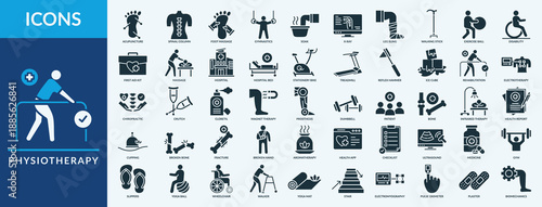 Physiotherapy - Icon Collection. Thin Glyph Solid Set contains such Icons as acupuncture,spinal column, exercise ball and more. Simple web icons set
