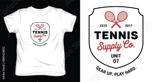 Retro tennis supply co unit 07 shield logo with crossed rackets for apparel printing