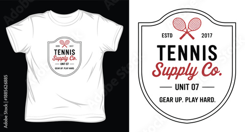 Classic tennis supply company shield emblem with crossed rackets and decorative border for tshirt