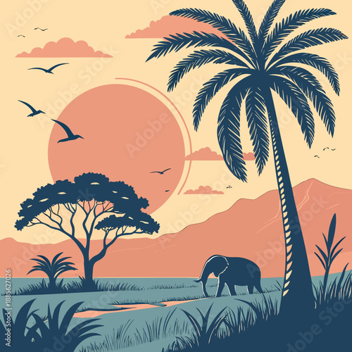 Exotic tropical sunset with a dramatic oversized sun disk illuminating the sky and ocean, creating a warm, vibrant scene.