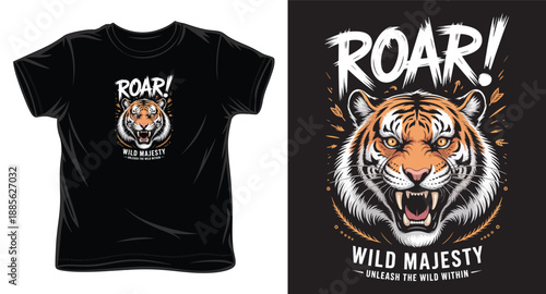 Tiger roar head illustration for tshirt design with wild majesty slogan