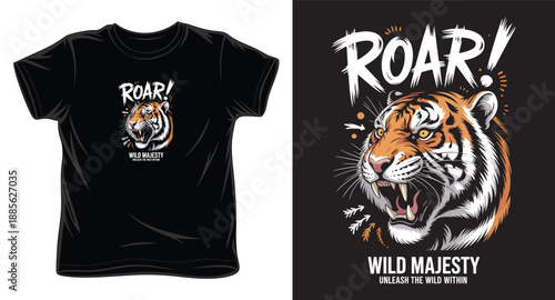 Angry tiger profile with roar typography for apparel and poster design