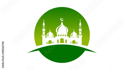 A white mosque silhouette placed inside a vibrant green circular frame with a curved horizon.