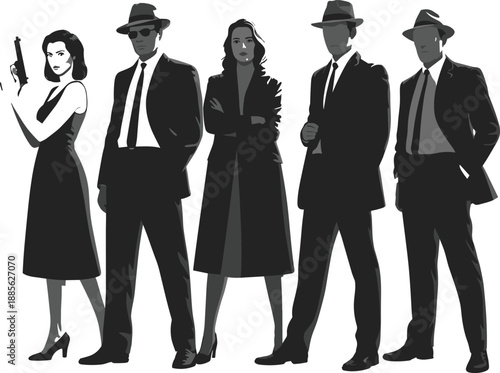 Vintage noir silhouettes, detective theme, trench coat fashion, fedora style, elegant dress, mystery vibe, retro group pose, dramatic illustration