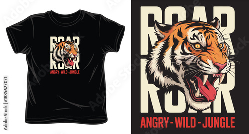Angry wild jungle tiger head with roar block typography for tshirt