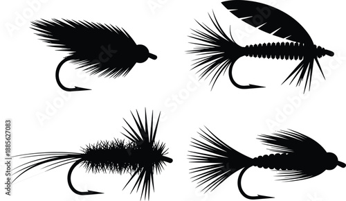 Fly fishing lure silhouettes set, fishing bait hooks collection, angling equipment design, black vector illustration isolated on white