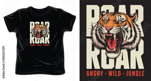 Tiger roar head graphic design with bold angry wild jungle slogan
