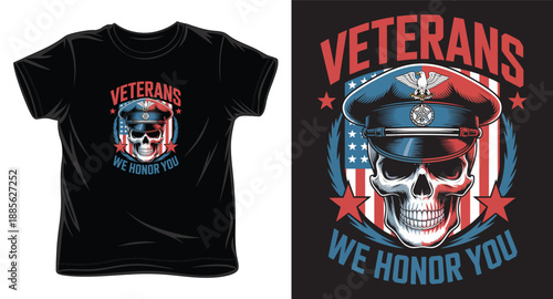 Veterans we honor you t-shirt design with skull wearing military cap and american flag