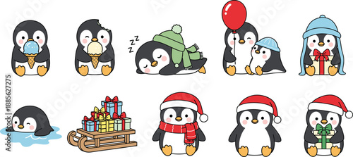 Cute penguin cartoon vector set with winter outfits, sleeping poses, balloons, gifts and festive holiday characters isolated on white background for kids design
