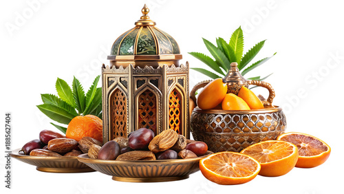 Ornate lantern with dates nuts and oranges on decorative dishes
