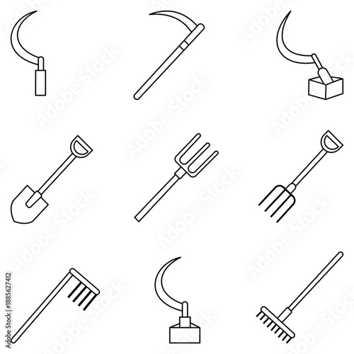 Minimalist Black Silhouette Farming Tools Icon Set with Scythe, Sickle and Hand Agriculture Equipment