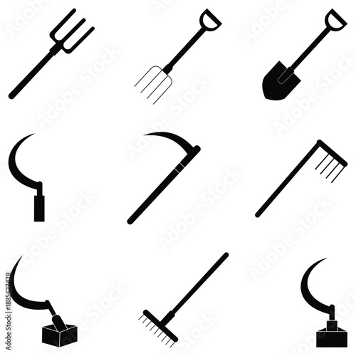 Minimalist Black Silhouette Farming Tools Icon Set with Scythe, Sickle and Hand Agriculture Equipment
