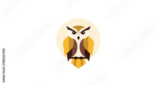 Geometric owl icon with brown, tan, and yellow shades on an off-white background circle