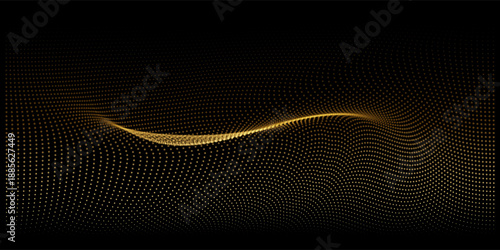 Flowing dots light particles wave pattern 3D curve halftone gold gradient curve shape isolated on black background. Vector in concept of luxury, technology, science, music, modern.