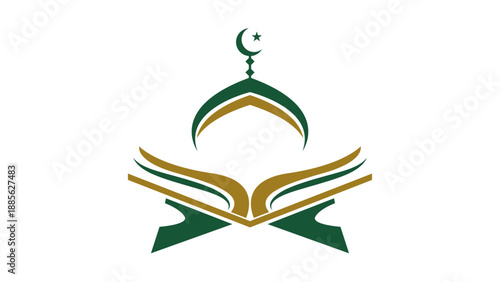 A green and gold logo featuring an open book (Quran) beneath a stylized mosque dome and crescent moon.
