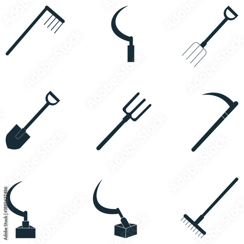 Minimalist Black Silhouette Farming Tools Icon Set with Scythe, Sickle and Hand Agriculture Equipment