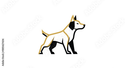 A stylized dog stands, outlined in gold and shaded in black