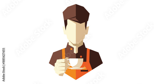 Geometric illustration of a barista holding a cup of coffee
