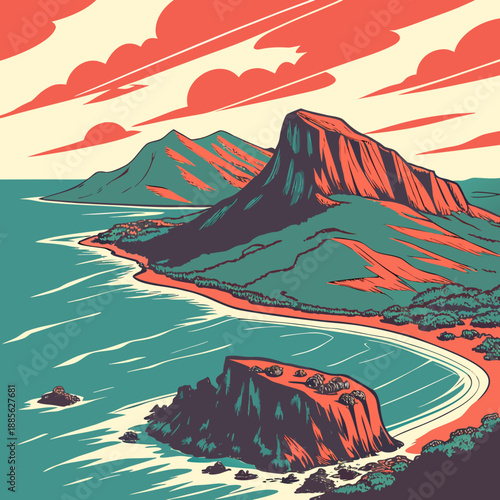 Bold flat vector art of a volcanic island landscape with striking geometric shapes and colors.
