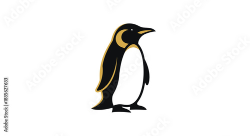 Stylized penguin illustration in black, white, and gold.