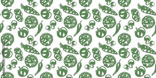 Seamless fresh vegetable pattern with mushrooms, potatoes, tomatoes, cabbage and peppers on white background for cooking packaging design.
