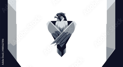 Stylized falcon illustration in shades of grey, posed centrally with folded wings, against a white background with side geometric color blocks