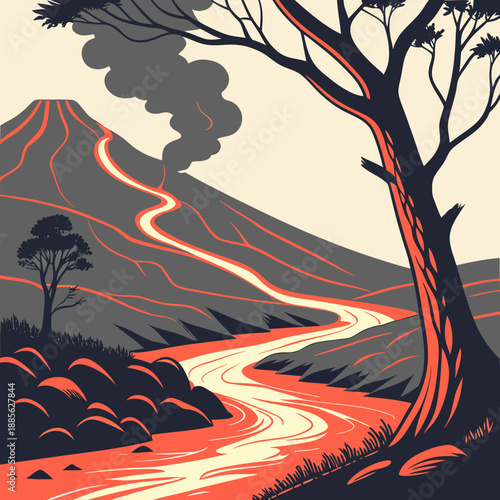 Volcanic landscape with stylized lava flows in a bold, flat vector illustration.