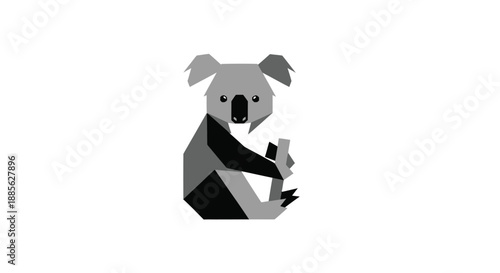 Geometric koala in shades of gray, hugging bamboo stalk