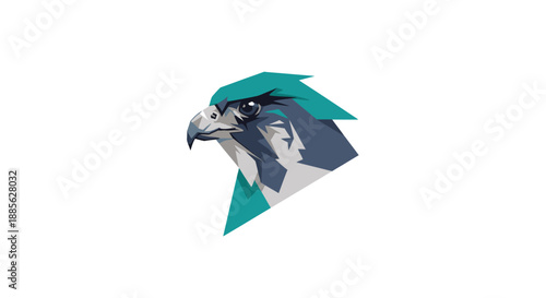 Geometric falcon head in gray, blue, and teal, against white