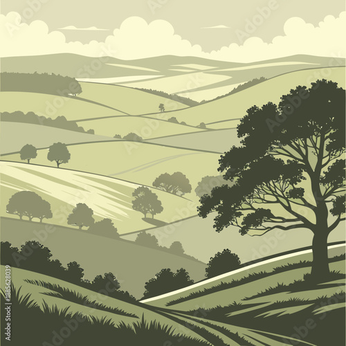 Gentle vector curvature defines a wide basin landscape with a serene, flowing, minimalist aesthetic.