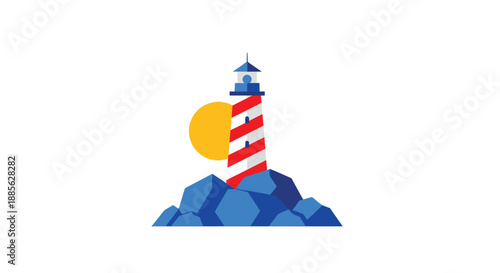Geometric lighthouse on rocks, sun
