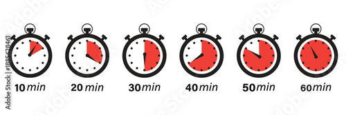 Set of ten stopwatch icons in black and multi-colored styles featuring time interval shading for productivity and fitness apps