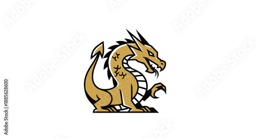 Stylized tan dragon with black outline, detailed scales, claws, and spikes, standing on white