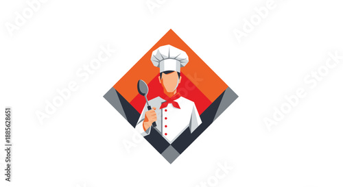 Chef in toque holding a spoon, layered diamond backdrop