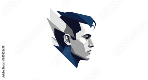 Geometric profile of a man, rendered in blue, white, and gray tones, with abstract shards