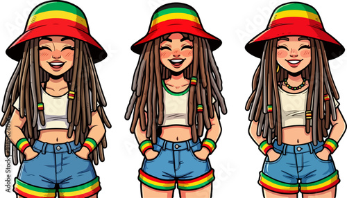 Collection of charming cartoon Rastafarian girl character sprites showcasing three slight variations in casual summer clothing and happy expressions